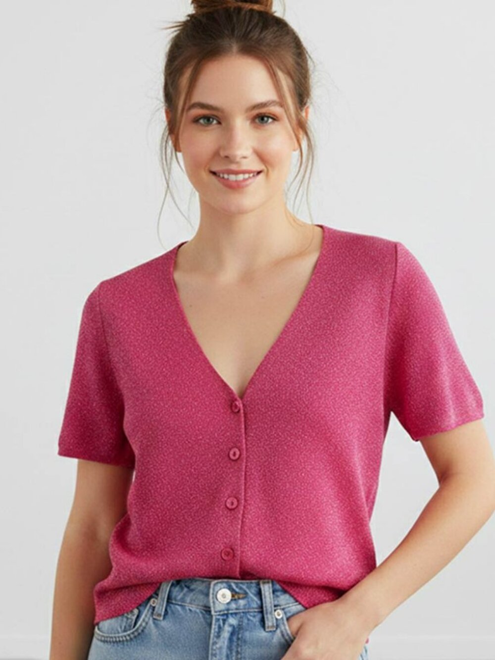 V-Neck Button Front Short Sleeves Cardigan Top